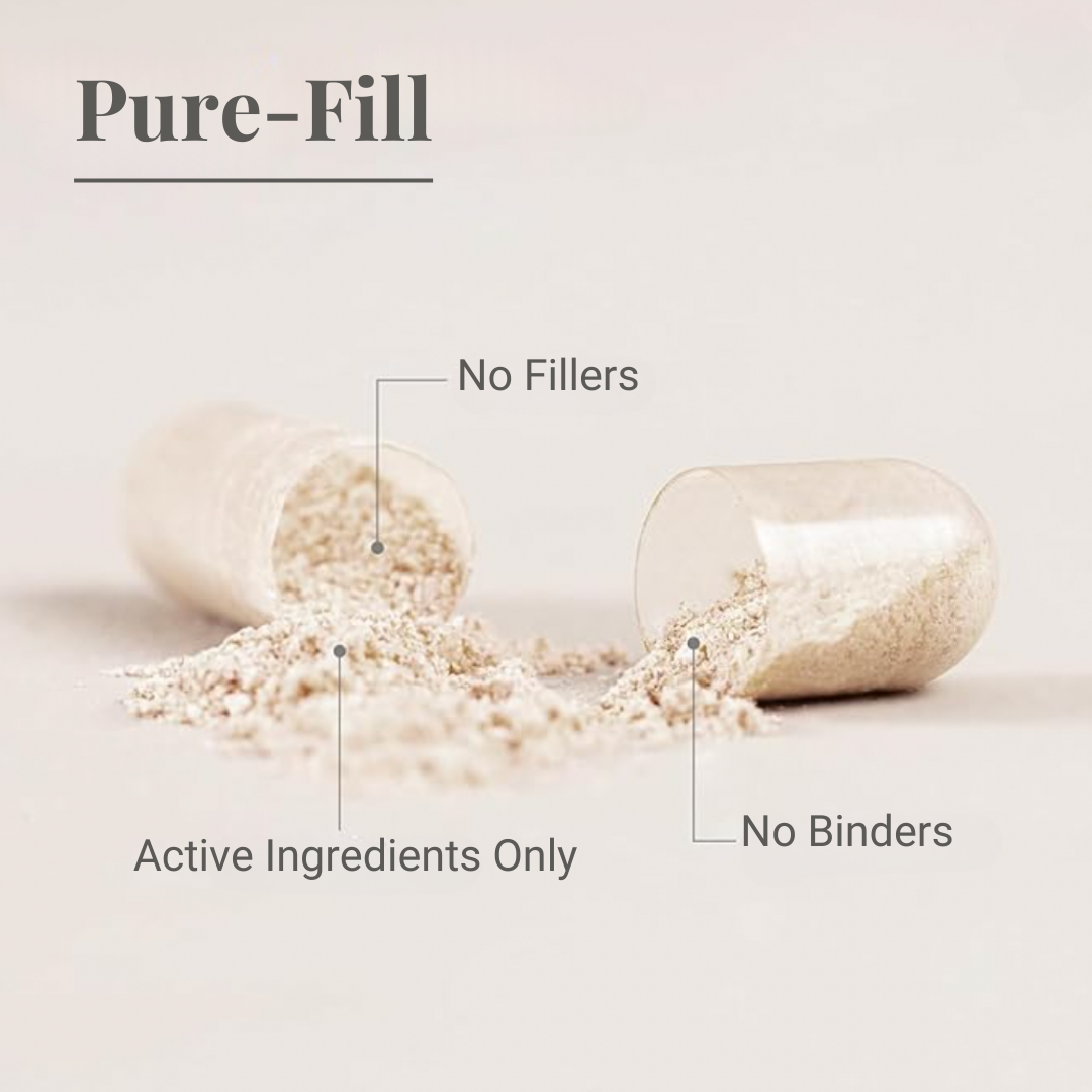 Two capsules with their contents spilling out, labeled 'Pure-Fill' with text about no fillers, active ingredients only, and no binders.
