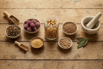 capsules and raw ingredients on worktop
