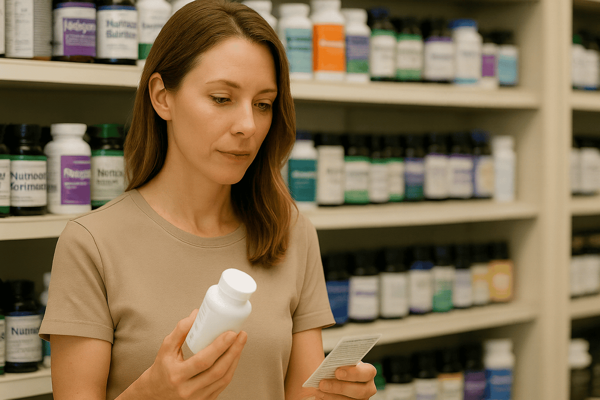 Woman reading a supplement bottle label in a health store aisle
